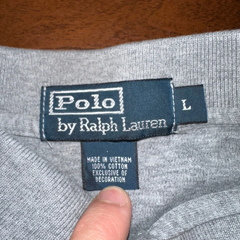 Polo Ralph‎ Lauren Men Large Gray Long Sleeve Cotton Polo Shirt Navy Blue Pony